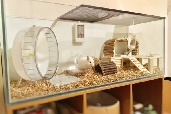 Terrário minimalista para hamster com vidro transparente e decoração neutra
