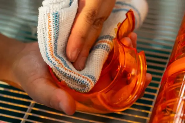 Tutor limpando áreas de difícil acesso no terrário do hamster com pano húmido.