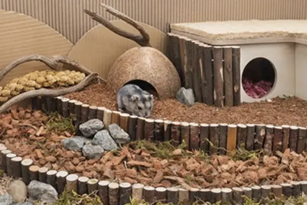 Terrário enriquecido que imita o habitat natural do hamster, essencial para o enriquecimento ambiental para hamsters e para o desenvolvimento de comportamentos instintivos saudáveis.